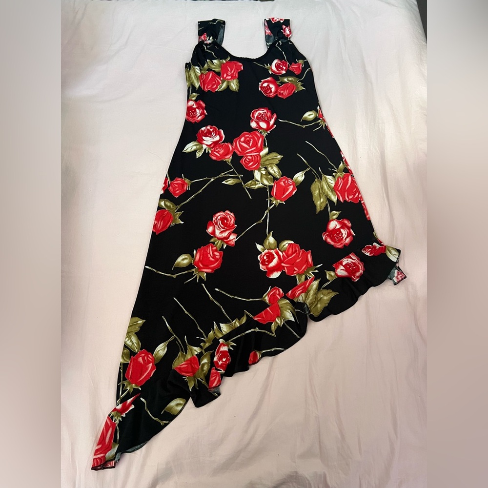 Vintage Asymmetrical Black Dress with Red Roses